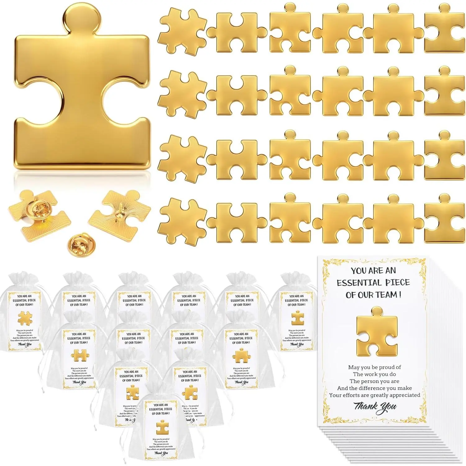 24/48/96 Sets Employee Appreciation Gifts Bulk, Inspirational Employee of The Month Lapel Pins with Thank You Cards Small Puzzle Piece Gift for Coworkers, Office Staff, Team Building