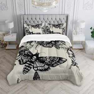 3PCS Ink White Skeleton Moth Printed Quilted Quilt Combination (1 Quilt+2 Pillowcases, without Pillow Core), with 200gsm Quilt Filler, using U-shaped Quilting Technology, suitable for dormitory bedroom and dormitory decoration, with multiple sizes