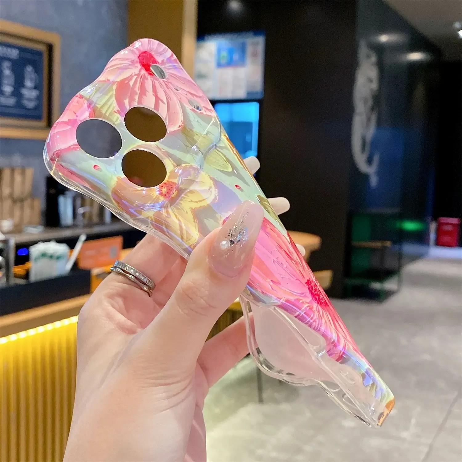 Laser Colorful Retro Oil Painting Flower Pattern for iPhone 17 Pro Max/17 Air 16 15 14 13 Pro Cute Curly Wave Frame Exquisite Phone Case for Girls Women, Shockproof TPU Protective Phone Cover