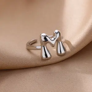 Jewelry - Stainless Steel Sliver Color Bubble Letter Rings For Women Chunky Initial Ring Alphabet Aesthetic Fashion Jewelry Wedding Gift