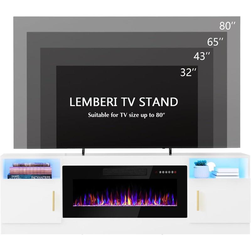 Fireplace tv Stand with 36 inch Fireplace Up to 80" TVs,LED Light Entertainment Center and Storage, 70" Modern Wood Media TV Console with Highlight Cabinet for Living Room (White)