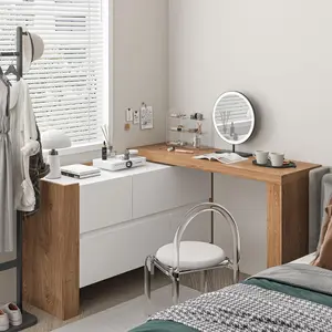 FUFU&GAGA 2 in 1 Vanity Desk, Adjustable L-Shaped Makeup Vanity Table & Double Dresser with 4 Drawers & Hidden Shelves for Bedroom & Home Office Furniture Organize