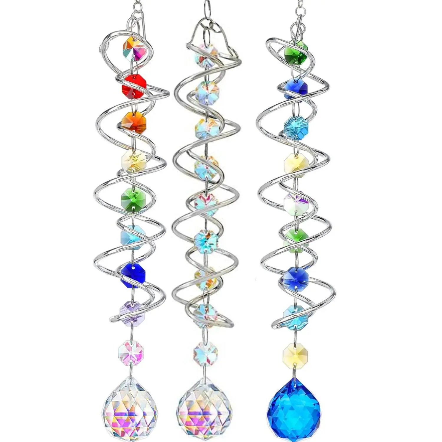 3Pcs Twisted Spiral Wind Spinner Crystal Suncatcher Set, 45cm Kinetic Rotating Rainbow Prism Light Catcher, Multicolor Bead Crystal Gazing Ball Hanging Ornament, Window Garden Balcony Indoor Aesthetic Decor, Unique Calming Healing Home Decor Gift