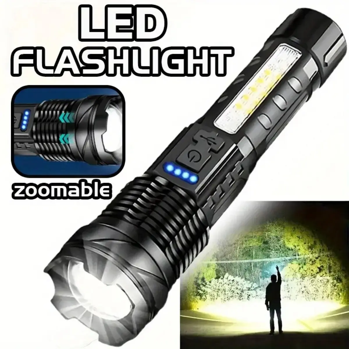 Rechargeable Multi-Function LED Flashlight, High-Lumen Flashlight, USB Rechargeable Flashlight, Telescopic Zoom, Handheld Zoomable Flashlight, with Red/Blue COB Side Light, 7 Modes, Suitable for Outdoor Camping, Fishing, Hunting, Handheld Led Flashlight