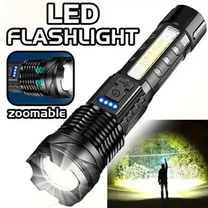 Rechargeable Multi-Function LED Flashlight, High-Lumen Flashlight, USB Rechargeable Flashlight, Telescopic Zoom, with Red/Blue COB Side Light, 7 Modes, Suitable for Outdoor Camping, Fishing, Hunting