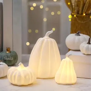 3 Pcs Lighted Ceramic Pumpkin Fall Decorations Autumn Table Centerpiece Porcelain White Pumpkin Figurines for Home Indoor Harvest Tabletop Halloween Thanksgiving Winter Decor
