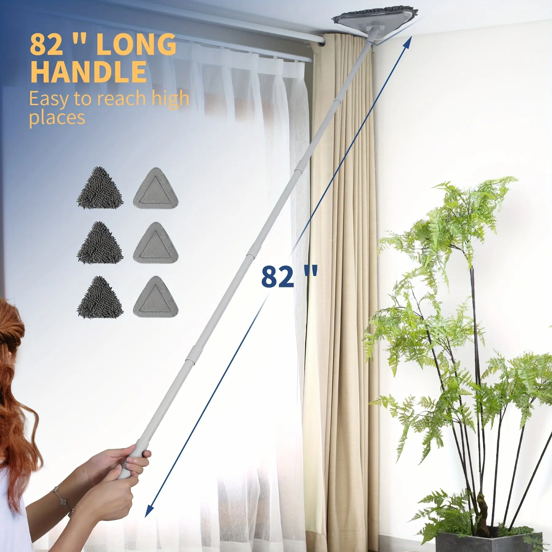 Wall Cleaner Mop with 82 Inches Long Handle, Baseboard Cleaner Tool Duster with Squeegee, Ceiling Cleaning Tool with 6 Replacement Pads for Walls, Window, Floor, gray