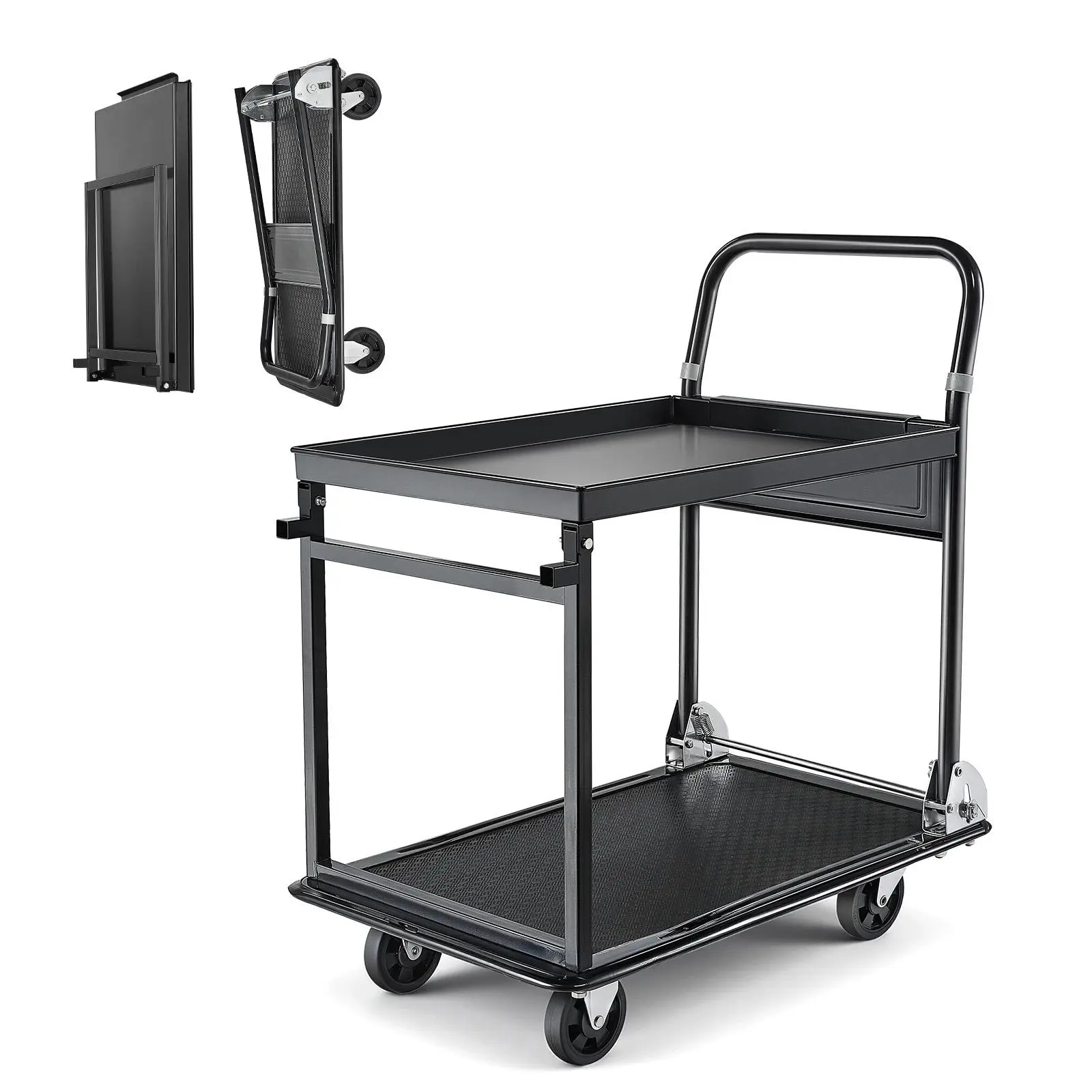 【SummerFinds】VEVOR Foldable Push Cart Dolly, 700 lbs, Heavy Duty Platform Hand Truck with Wheels, High-Strength Steel, 2 Tier Moving Flatbed Cart, for Warehouse, Garage, Workshop, Office, 28.7 x 18.5 x 32.3 in