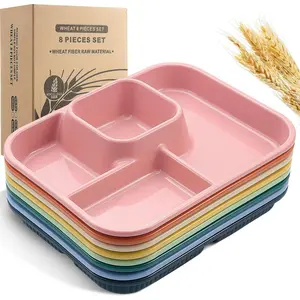 8 count 10'' Divided Plates Unbreakable Wheat Straw Dinnerware Lunch Trays Lightweight  Plastic Compartment Microwave Dishwasher Safe Separator Plates(Multicolor)