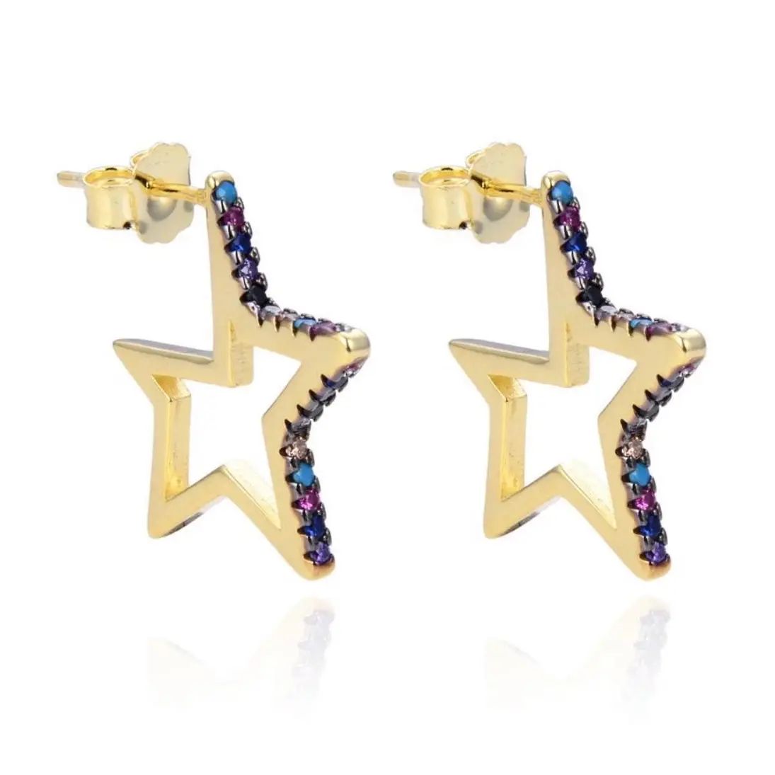 Unisex Star-Shaped Stud Earrings - 14-Karat Gold Plated 925 Sterling Silver with Black Artificial Zirconia, Fashion Costume Jewelry, Artificial Zirconia Earrings