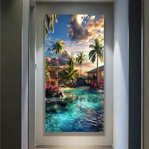 Tropical Paradise Pool Canvas Print Sunset Resort Wall Art with Palm Trees & Bougainvillea Luxury Poolside Decor for Living Room Accent Bathroom Vacation-Inspired Home Summer Oasis Artwork