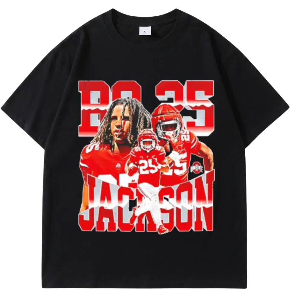 [ SALE OFF 50%] Jackson 25 Ohio Bo Player State Buckeyes T-Shirt Scarlet Red Heavy Cotton Black Streetwear Unisex S-5XL