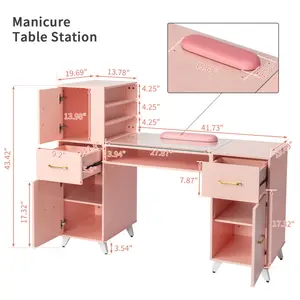 Manicure Table for Nail Tech Nail Desk with Drawers Cabinet Wrist Pad Acetone Resistant Nail Art Station for Salon Spa Beauty Bar Technician Pink