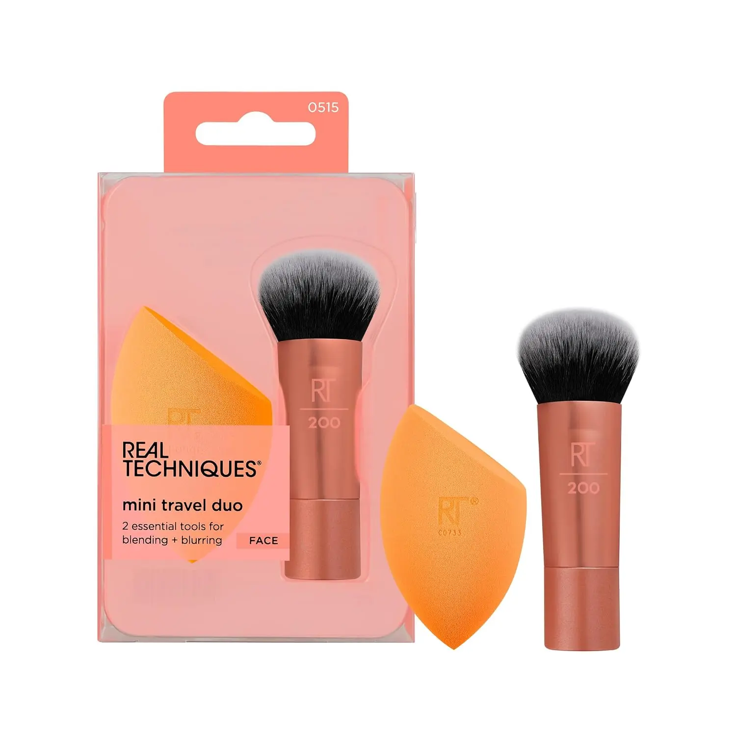 Real Techniques Mini Travel Duo Makeup Brush Set, Mini Foundation Brush | Easy base touchups with travel makeup brushes with makeup sponge, dense brush and latex-free foam