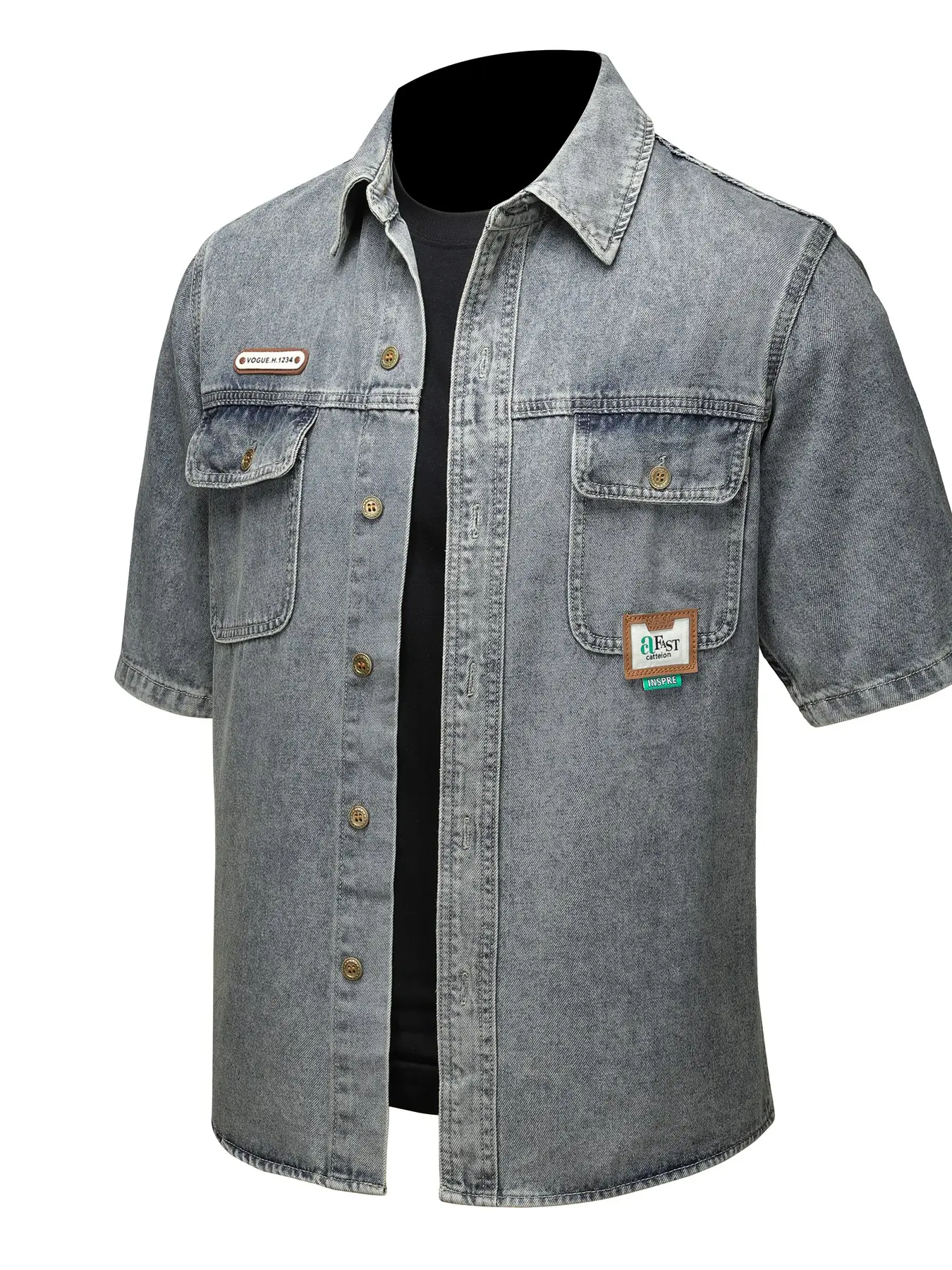 Men's Blue Washed Denim Shirt Jacket, Lapel Collar, Multi-pocket & Structured Design, High-Quality Workwear Casual Versatile Style
