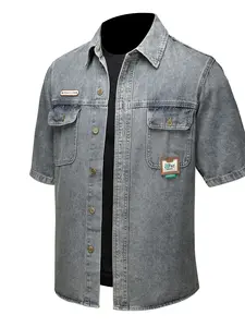 Men's Blue Washed Denim Shirt Jacket, Lapel Collar, Multi-pocket & Structured Design, High-Quality Workwear Casual Versatile Style