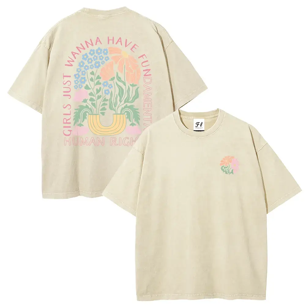 Unisex Oversize Washed Batik Cotton T-Shirt - "Girls Just Wanna Have Fundamental Human Rights" Graphic, Super Soft, Pre-Shrunk, Comfortable Fabric, Short-Sleeve Tops, Fashion Streetwear, Back to School, Shortsleeve, Retro