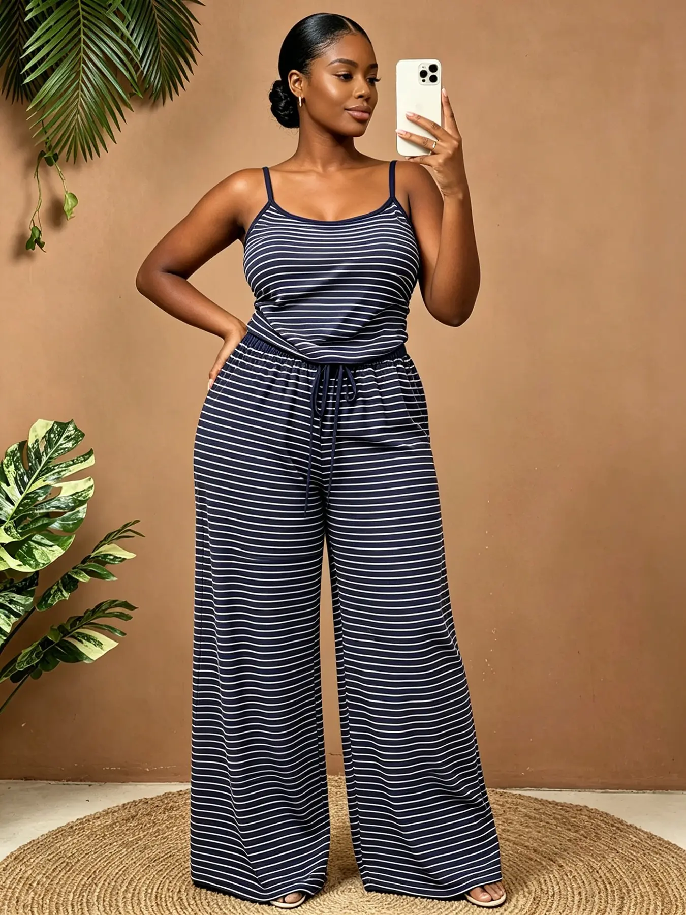 Plus Size Striped Two-Piece Set for Women, Womenswear, Spaghetti Strap Tank Top + Wide Leg Pants, Casual for Beach Vacation, Summer Travel, Picnic, Pool Party, Brunch, Weekend Trip, Pants Set Outfit