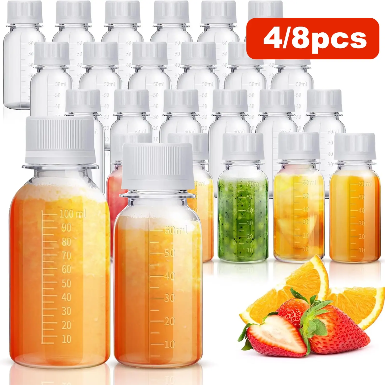 4/8pcs 2/3.3oz Light Plastic Juice Bottles with Lids, Scale, Leakproof and Portable, Small Travel Bottles for Juicing, Smoothies, Milk, Homemade Beverages, Storage Bottles, Drink Container, Leak Proof Containers