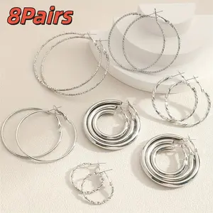 8-Pairs Silver Earrings Set: Versatile Assorted Styles for Every Occasion, Perfect Gift for Women, Elegant & Hypoallergenic Jewelry Collection