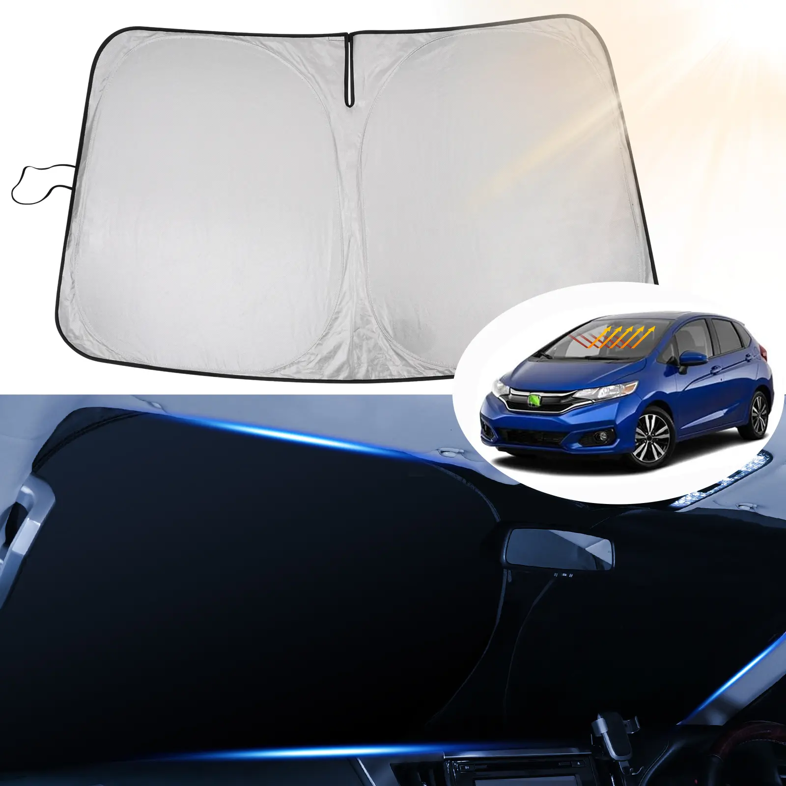 Canvcle Portable Windscreen Shade Cover for Honda Fit 2007-2024, Visor-Mount Full Windshield 240T Double Reflective Silver-Black Nylon-Polyester UV Protective Sunshade, Foldable Easy-Install Exterior Heat Shield (Blocks 99% Sunlight)