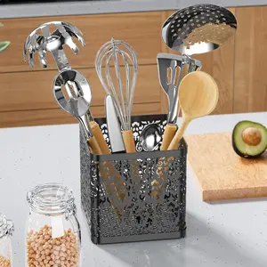 Kitchen Utensil Holder for Countertop, 6" x 6" x 5.5" Larger Utensil Holder for Kitchen Counter Vintage Cooking Utensil Organizer for Spatula Paring Knives Spoon - Black, Square Metal Steel Wooden Cutlery corrugated plastic box shelf dessert display