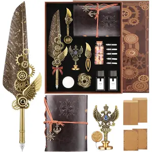 Quill Pen and Ink Calligraphy Set for Beginners, Feather Pen Kit with Leather Notebook, Pen Holder, 5 Replaceable Nibs, Bookmark, Letter Writing & Wax Seal Stamp, Great Calligraphy Gift Set