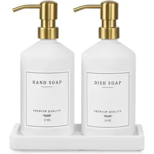 Gold Soap Dispenser Set, Glass Hand and Dish Soap Dispenser Set with Tray,Stainless Pump,14 Stickers for Kitchen,Bathroom Soap and Lotion Dispenser,Modern 2026 new