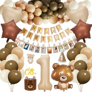 1st Birthday Decorations Boy, Bear First Birthdays Party Decoration with Bear Foil Balloon, Number 1 Balloon, Monthly Photo Banner, Beige Coffee Balloon for Girls Baby Shower