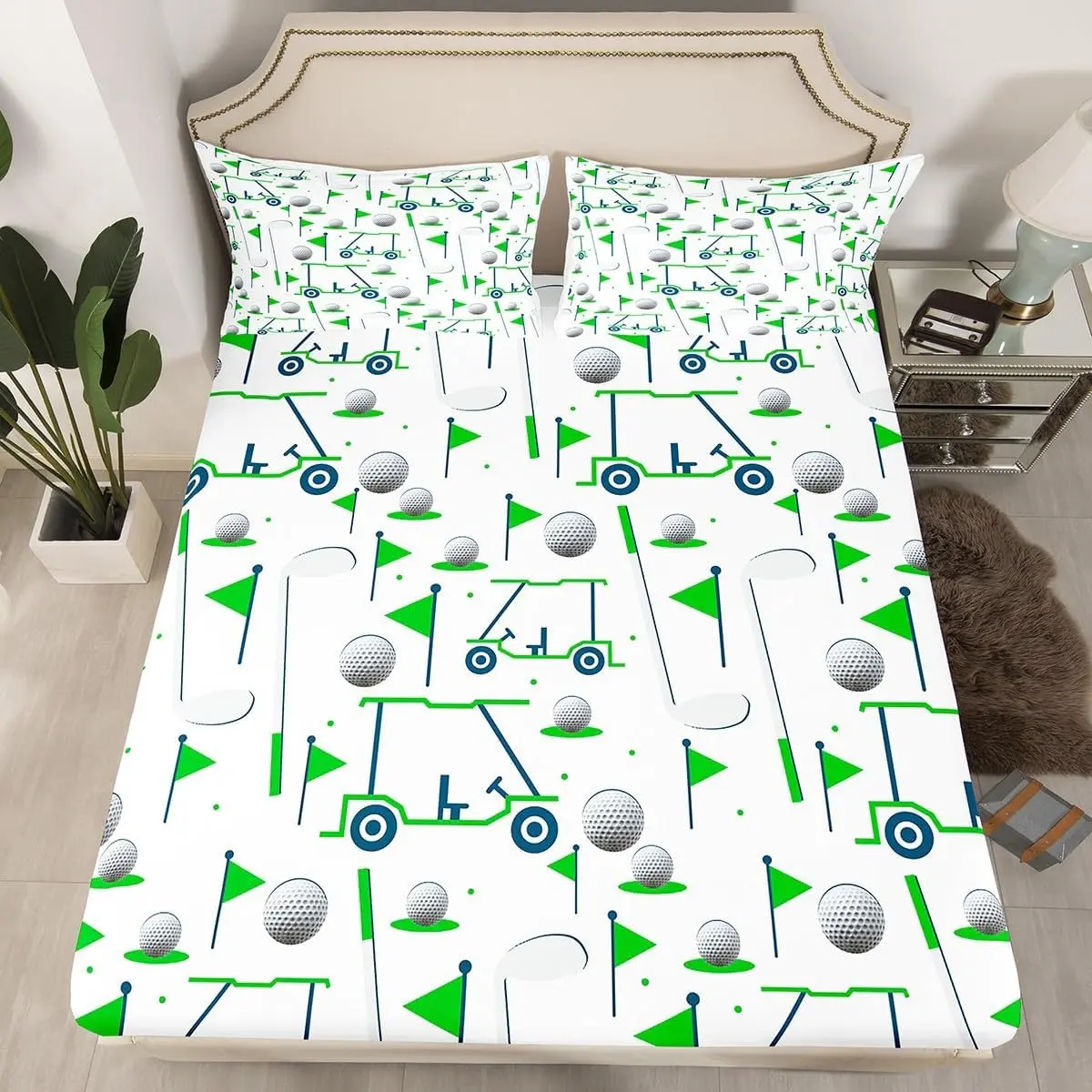 Kids Golf Fitted Sheet Golf Ball Golf Club Bed Sheets Set for Boys Girls Teens Golf Lover Sports Hobby Sheet Set with Deep Pocket Bed Set Green White Bedroom Decor