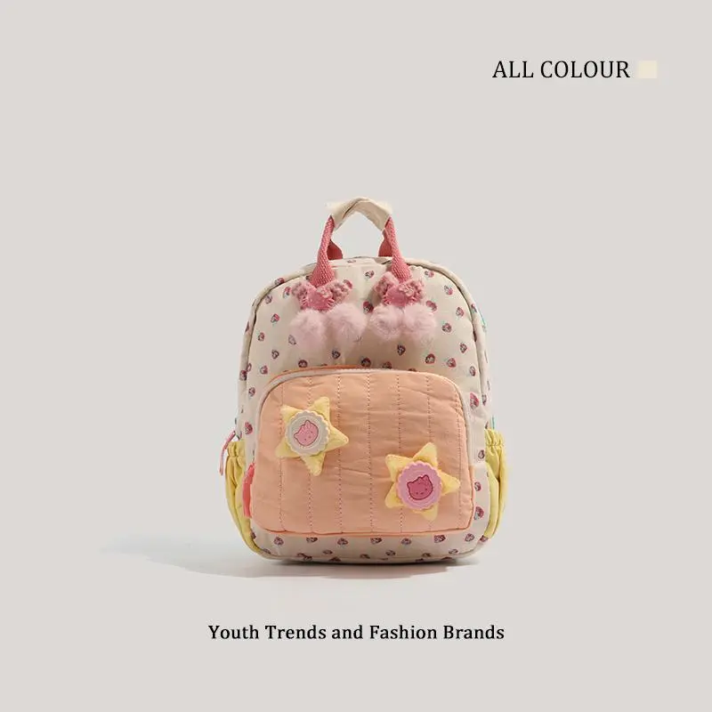 Japanese-style dopamine mini backpack for girls, featuring cute strawberry cat and star designs in contrasting colors, Y2K style