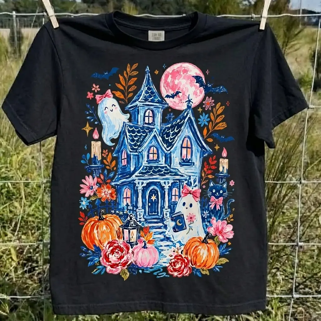 Haunted House Halloween Comfort Colors Shirt, Cute Ghost Pumpkin Graphic Tee, Spooky Floral Haunted Mansion Shirt, Halloween Outfit