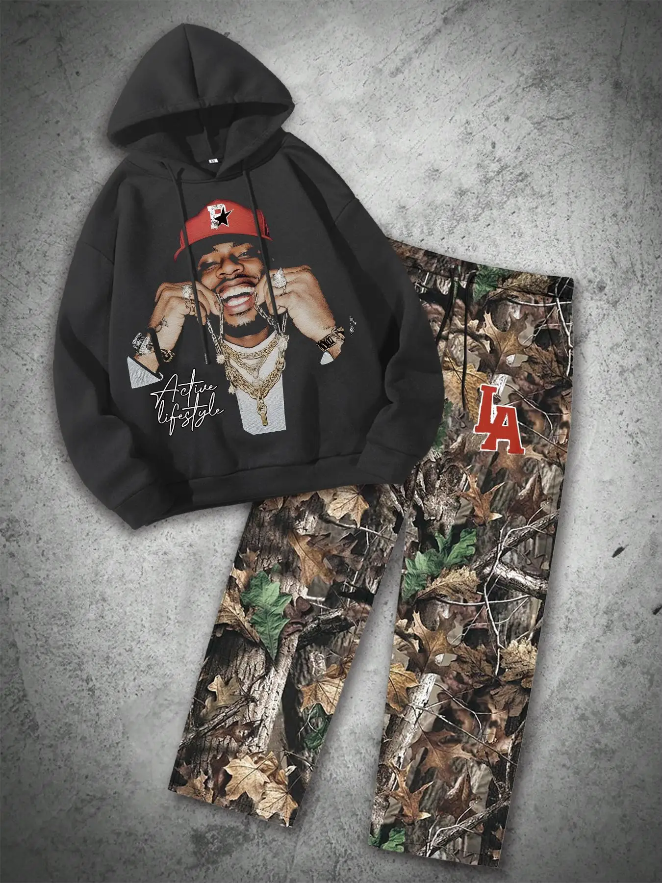 Two-piece Set Men's Figure Print Thermal Lined Drawstring Hoodie & Pocket Elastic Waist Sweatpants, Regular Fit Casual Fashion Cozy Breathable Two Pie