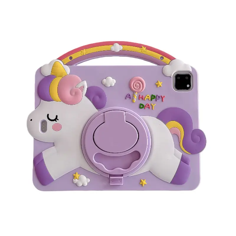 Cute Unicorn iPad Case for Kids, Soft Silicone Protective Cover, Rotatable Tablet Cover, 360° Rotating Stand, Cartoon Design, Compatible with iPad 7-10 & Air 11, Tablet Casing, Tablet Accessories (Case Only)