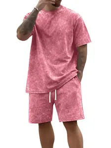 Men's Summer Lightweight Cotton Two-Piece Set: Vintage-Style "Snow-Wash" Distressed Short-Sleeve T-Shirt and Elastic-Waist Drawstring Pants with Pockets—Ideal for Casual Wear, Sports, Vacations, Fishing, Camping, and Outdoor Activities