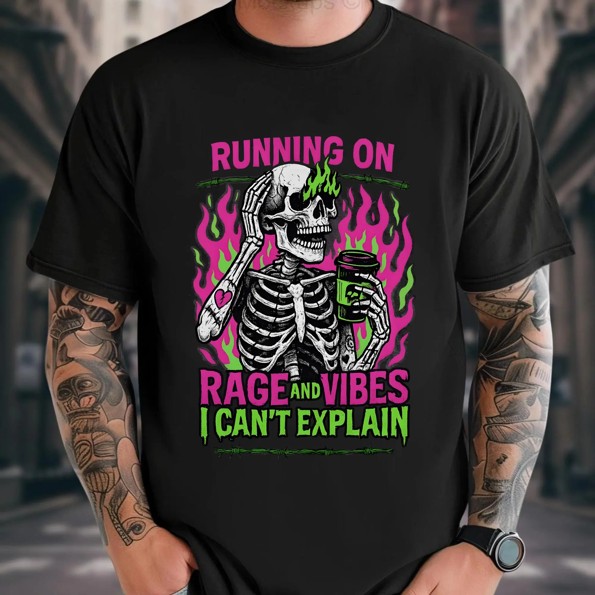 100% Cotton Running on Rage and Vibes Shirt, Funny skeleton shirt, Coffee skeleton, Spooky skeleton coffee rage shirt, Sarcastic shirt Tshirt