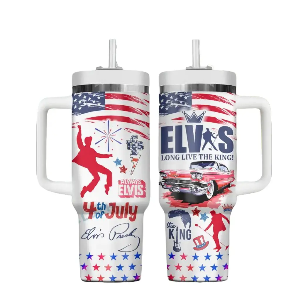 Elvis Presley 4th of July 40oz Tumbler with Handle & Straw, Long Live the King Insulated Stainless Steel Travel Mug, Rock and Roll Legend Fan Gift, Patriotic American Coffee Cup, Vintage Elvis Drinkware