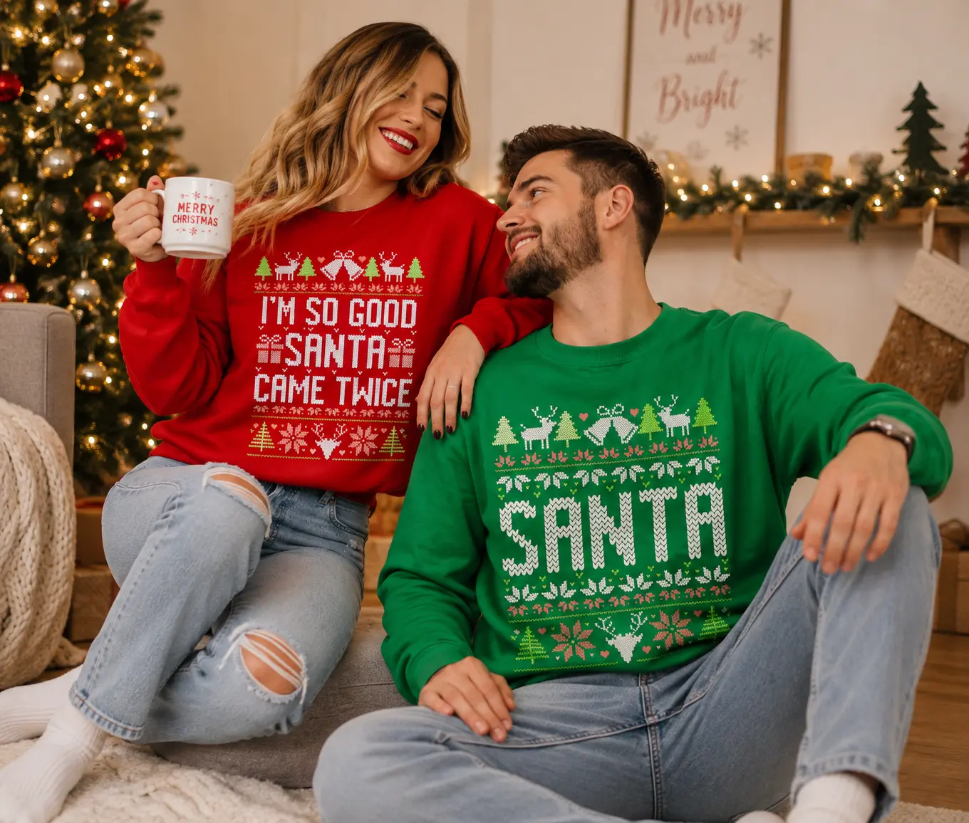 Funny Christmas Couple Sweatshirt, Santa I’m So Good Santa Came Twice Matching Crewneck, Ugly Christmas Sweater, Festive Holiday Shirt, Xmas Gift for Couples – DarkFlex