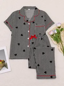 Women's Sleepwear Set, Sweet Casual Home Clothes Loungewear, Short Sleeve Pajamas Bow Tie Pants, Elegant Simple Striped Heart Print, All Seasons Wear