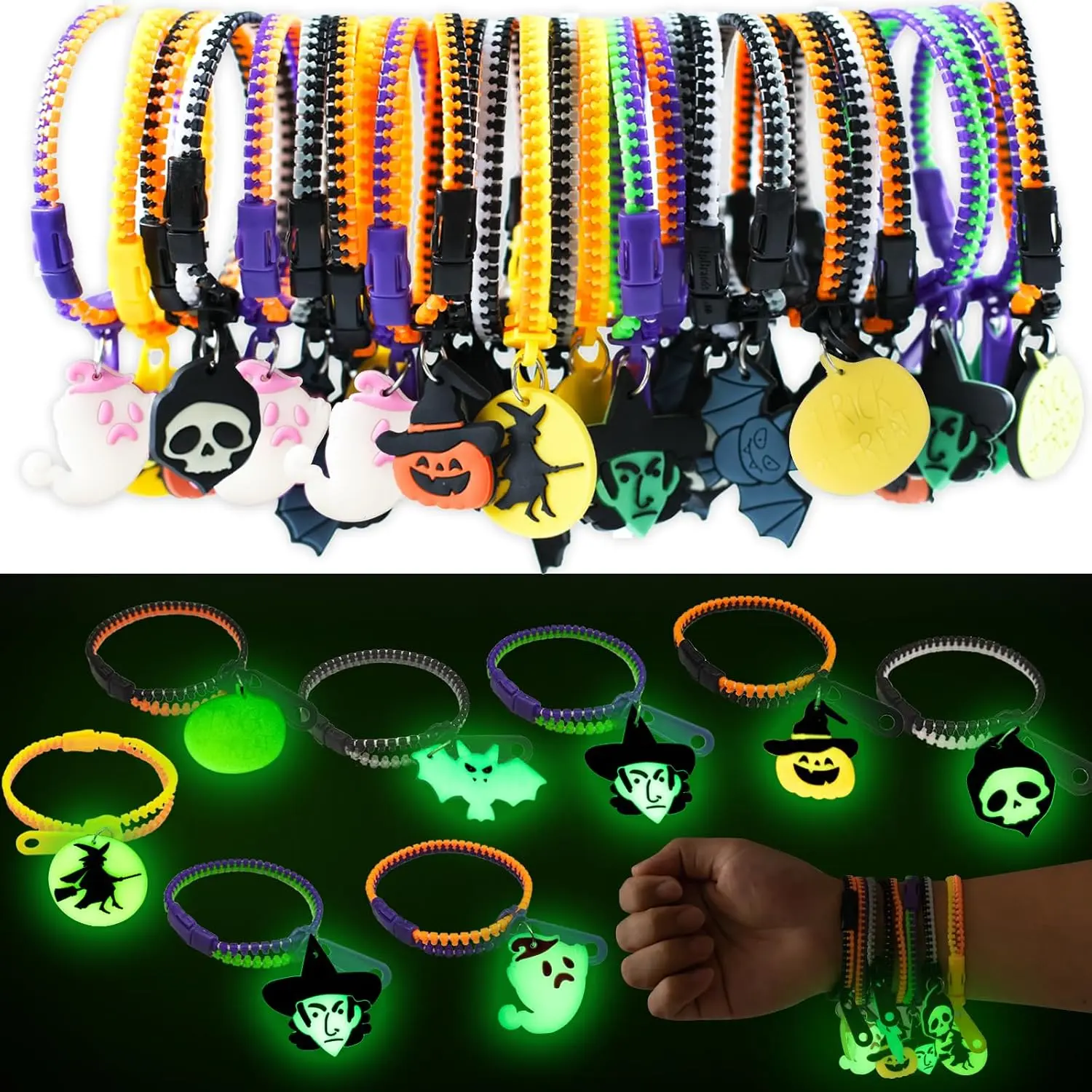 28 PCS Glow in the Dark Halloween Zipper Bracelets for Kids, Halloween Party Favors, Trick or Treat Goodie Bag Fillers, Non Candy Halloween Toys, Classroom Prizes, Halloween Wristbands, Kids Giveaway Gifts