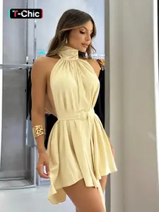 Elegant A-Line Sleeveless Dress with Adjustable Waistband, Two-Way Neckline Design, Perfect for Casual & Formal Occasions, Casual Wear, Womenswear, A Line Dresses