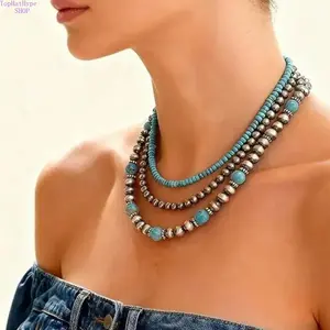Women's Navajo Pearl Necklace Set - Boho Turquoise Bead Vintage Layered Jewelry, Western Accessories for Nashville Outfits & Gifting (Country Western Necklaces)