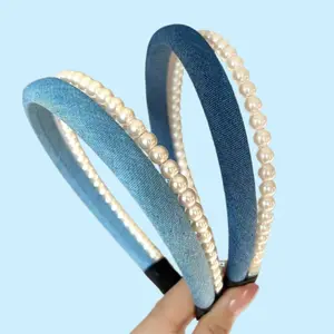 Retro Denim Double-Layer Pearl Headband for Women – 2025 Fashion Style, Elegant High-End Accessory for Updos & Daily Wear