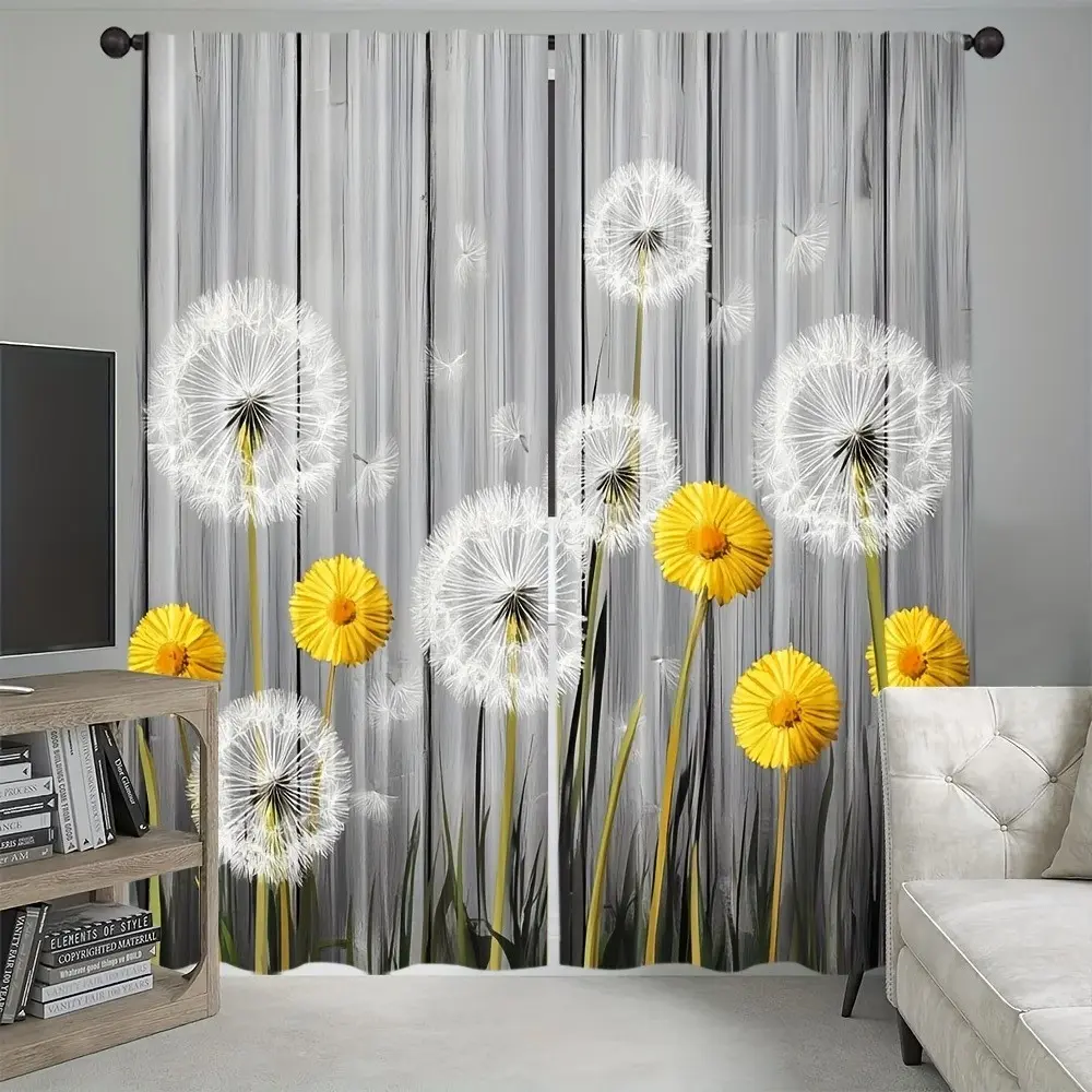 2-piece set of modern decorative art style dandelion Window Curtains - made of translucent polyester fabric with vibrant floral prints, suitable for living rooms, bedrooms, kitchens, and offices (excluding curtain rods) Home Textile