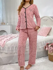 Women's Pink Cable Knit Plush Pajama Set, Heart Embroidery Cardigan Style Loungewear, Two - Piece (Top + Pants) for Autumn and Winter, Thickened, Warm and Comfortable