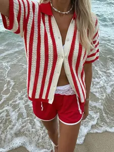 Vintage Polo Neck Striped Loose Hollow Out Short Sleeve Knit Button Cardigan Top Womenswear Knitwear, Comfortable Casual, Perfect for Daily Beach Vacation Wear