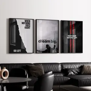 Motivational Wall Art Set of 3, Dream Big Quote Poster, Never Give Up Print, Urban Hustle Decor, Edgy Black Red Digital Download
