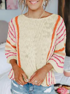 Striped Detail Wide Sleeve Lightweight Knitted Sweater, Crew Neck Design Offers a Simple and Elegant Neckline.