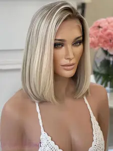Soft 14 Inch Highlighted Blonde Straight Wig 13x4, Density 150, Pre-Cut Baby Hair Lace Front, Medium Length Human Hair for Women, Lace Frontal Wig