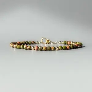 Natural Unakite Stone Bracelet 3mm Tiny Green Red Gemstone Dainty Bracelet Delicate Crystal Beaded Bracelet Anklet Minimalist Style for Women Handmade Adjustable
